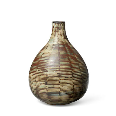 Axel Salto: A round stoneware vase with horizontal relief decor. Decorated with Sung glaze. H. 24 cm. A round stoneware vase with horizontal relief decor. Decorated with Sung glaze. Signed SALTO, 20734. Made 1980-1984. Royal Copenhagen. Designed 1945. H. 24 cm.