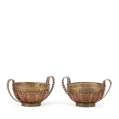 A pair of Regency tole twin handled urns Early 19th century (2)