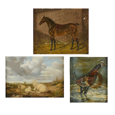 English School, 19th Century Sheep and lambs in an open field (together with two other works by a different hand, of a horse in a stable and a cockerel (3))