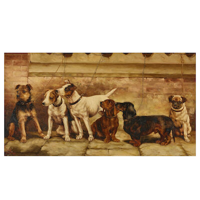 Fannie Moody (British, 1861-1948) Terriers, dachshund and a pug
