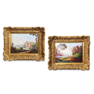A pair of framed enamel plaques of landscapes South Staffordshire, third quarter 18th century (2)