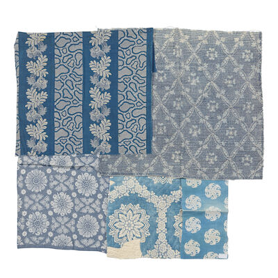 A selection of three resist block-printed and dyed indigo cotton panels, together with two Empire-style printed cotton panels, and a panel of fine cotton French, early 19th century ((6))
