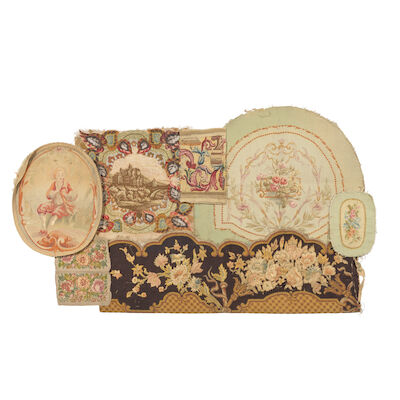 Three Aubusson tapestry chair panels, together with an unusual woodwork and beadwork panel, and three border fragments The Aubusson panels French, 19th century ((7))
