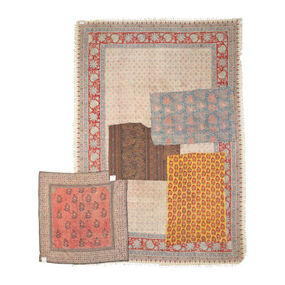 A panel of block printed and resist dyed cotton, together with further printed cotton examples The first possibly Indonesian, or Indian for the Indonesian market ((5))