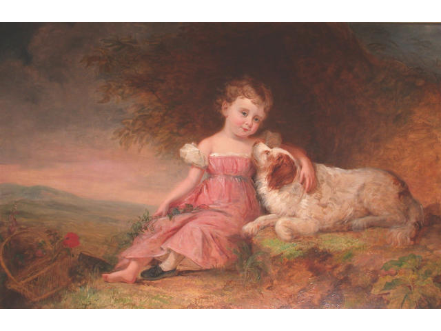 Attributed to Paul Gaugain Portrait of a young girl wearing a pink dress, seated with her dog in a country landscape,  83 x 128cm