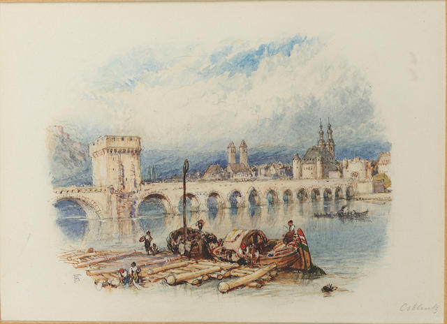 Myles Birket Foster R.W.S. (British, 1825-1899) The bridge over the Mosel at Coblenz 12.1 x 16.5 cm. (4 3/4 x 6 1/2 in.) en vignette.