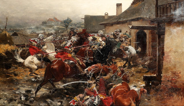 Josef von Brandt (Polish 1841-1928) A cavalry skirmish on the outskirts of a town 76 x 128 cm. (30 x 50 1/2 in.)