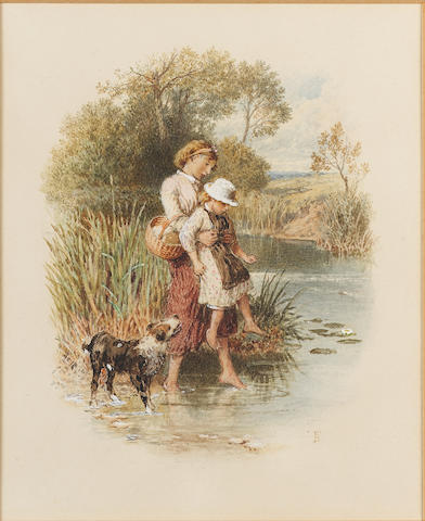 Myles Birket Foster R.W.S. (British, 1825-1899) Fording the stream 16.5 x 13.3 cm. (6 1/2 x 5 1/4 in.) en vignette.
