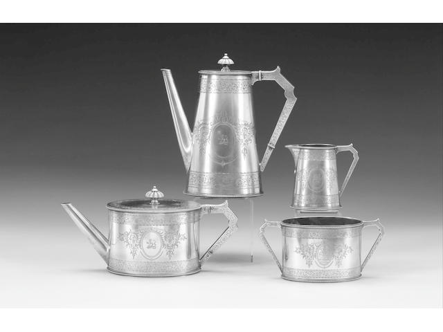 A four piece Victorian silver tea and coffee set, by F. Elkington, Birmingham 1874, the coffee pot 1871, weight 76.5oz