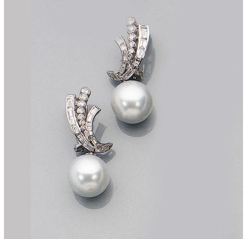 A Pair of South Sea Cultured Pearl and Diamond Earpendants
