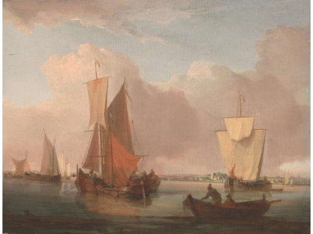 Attributed to William Anderson (British, 1757-1837) Barges drying their sails on an East Anglian estuary 19.5 x 25cm