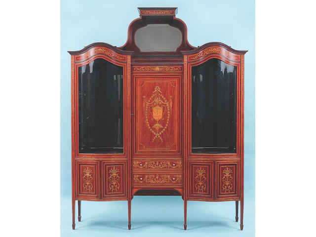 An Edwardian mahogany and marquetry tall display cabinet, <I>181cm wide</I>.