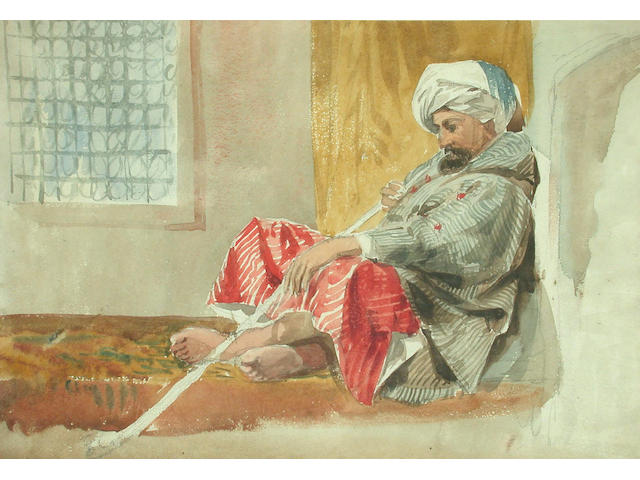 William James Muller (British, 1812-1845) An Arab smoking a hookah 25.5 x 37.5 cm.