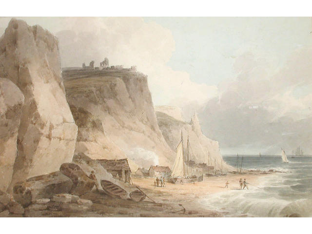 Paul Sandby Munn (British, 1773-1845) Fishing off a beach 21 x 32 cm.