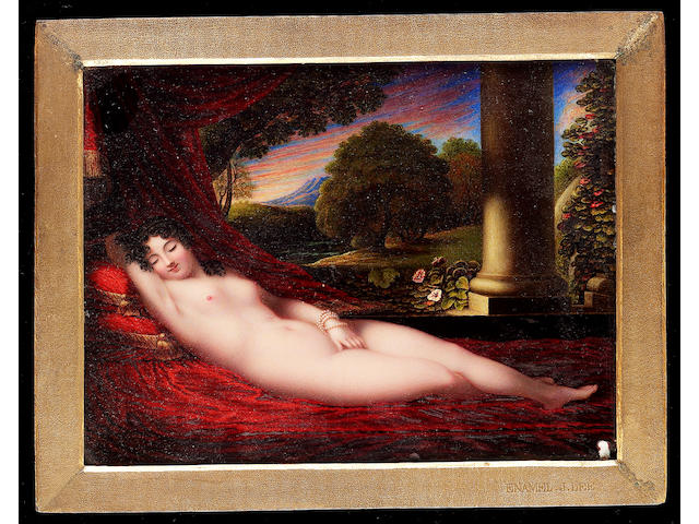 Joseph Lee, The Tanjore Venus, a nude, wearing pearl bracelet, stretched out on a red velvet covered day bed