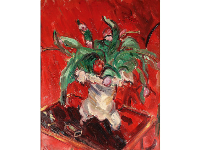 Sir Matthew Arnold Bracy Smith L.G. (1879-1959) Flowers in a jug, red background 80.5 x 60 cm. (31 3/4 x 23 5/8 in.)
