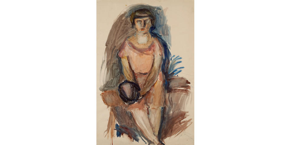 Georgios Bouzianis (Greek 1885-1959) Sitzende frau (Rosa Kleid) 72 x 50 cm. (28 3/8 x 19 5/8 in.) Painted c. 1928.