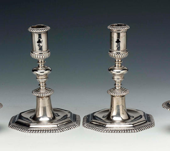 A pair of early 18th Century Dutch candlesticks by Rudolf Somers, Maastricht, circa 1710 (maker's mark only),