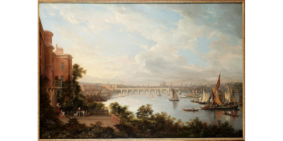 Alexander Nasmyth (British 1758-1840) A prospect of London, seen from the Earl of Cassilis's privy garden, with Waterloo bridge beyond 139.5 x 208 cm. (55 x 82 in.)