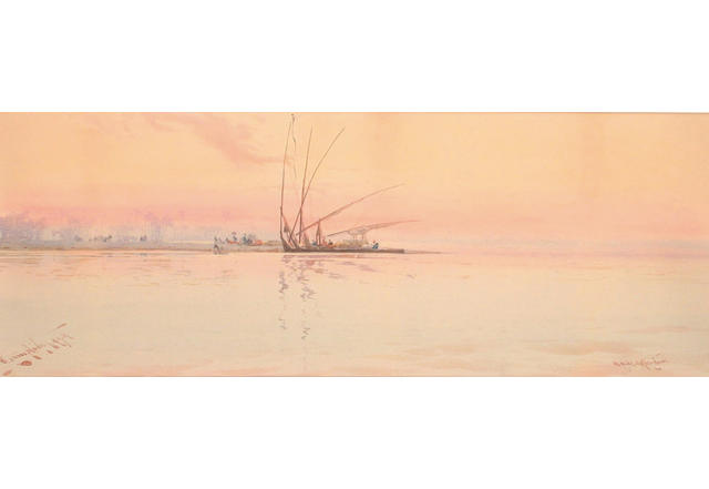 Augustus Osborne Lamplough (British, 1877-1930) A Nile Afterglow 22.5 x 60 cm.