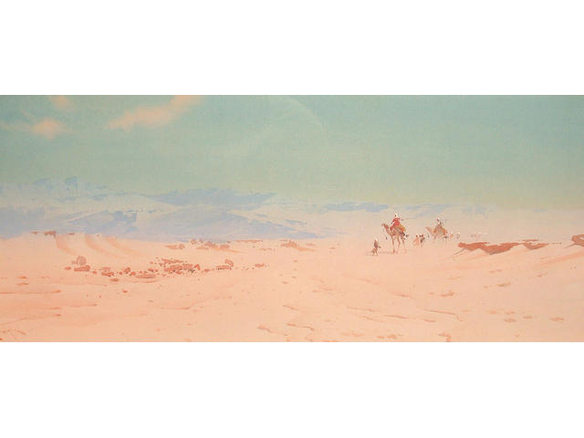 Augustus Osborne Lamplough (British, 1877-1930) Camels crossing the desert 21.5 x 60 cm.