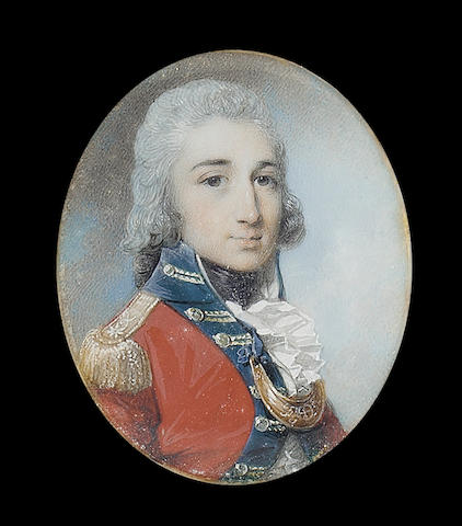 George Engleheart, An Officer of a Royal Regiment, wearing scarlet coat with blue collar and lapels, the gold lace set in pairs, gold epaulette and gilt gorget, his hair powdered and worn en queue