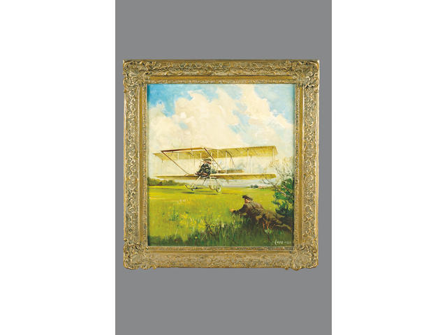 Geoffrey De Havilland (1882-1965) taking off in 1909, by Terence Cuneo, 35 x 39cm.