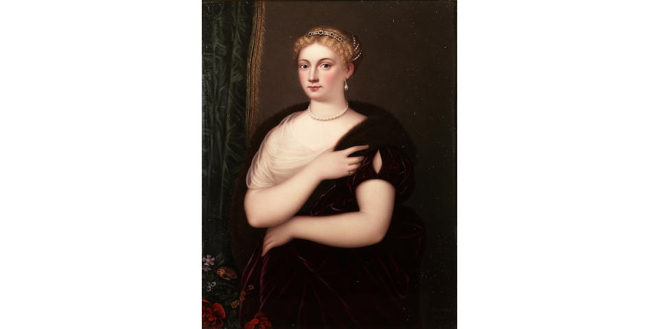 Henry Bone R.A. (British, 1755-1834), Sofonisba Regina, wearing single shouldered deep burgundy velvet dress with slashed sleeve, white gauze underslip, emerald ring, pearl necklace, drop pearl earring, jewelled headband and strand of pearls twisted in her upswept blonde hair, a gold-trimmed green velvet curtain in the background and flowers to her right