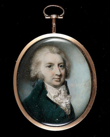 George Engleheart, A Gentleman, wearing green coat, gold and white striped waistcoat and frilled white cravat, his hair powdered and worn en queue