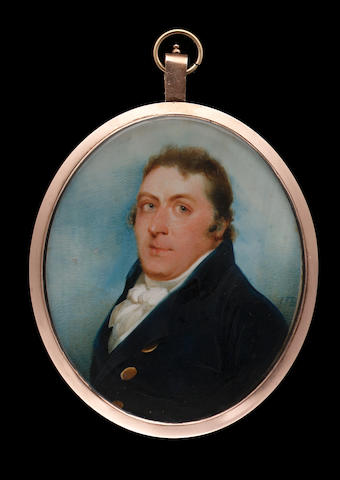 John Thomas Barber Beaumont F.S.A., F.G.S., A Gentleman, wearing blue coat with large gold buttons, white waistcoat and tied white cravat