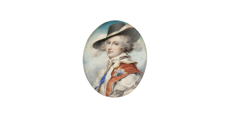 Richard Cosway, R.A., An important portrait of George IV, as Prince of Wales (1762-1830), wearing fancy dress ('Prince Florizel' costume), comprising yellow-trimmed white doublet over a white shirt with high collar, red cloak with the blue ribbon and star of the Garter and black broad-brimmed hat trimmed with white plumes, his hair powdered