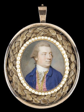 John Smart, A Gentleman, wearing blue coat, gold-trimmed pink waistcoat, white stock and frilled cravat, his natural hair worn en queue