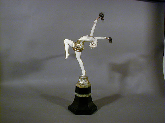Ferdinand Preiss, circa 1925 'Torch Dancer', a Cold-Painted Bronze and Carved Ivory Figure 41cm high, signed in cast