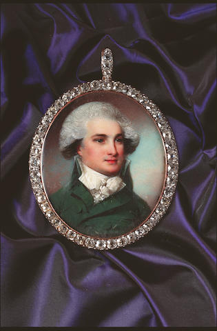 George Engleheart, A Gentleman, wearing high collared viridian-green coat, white waistcoat and tied cravat, his hair powdered