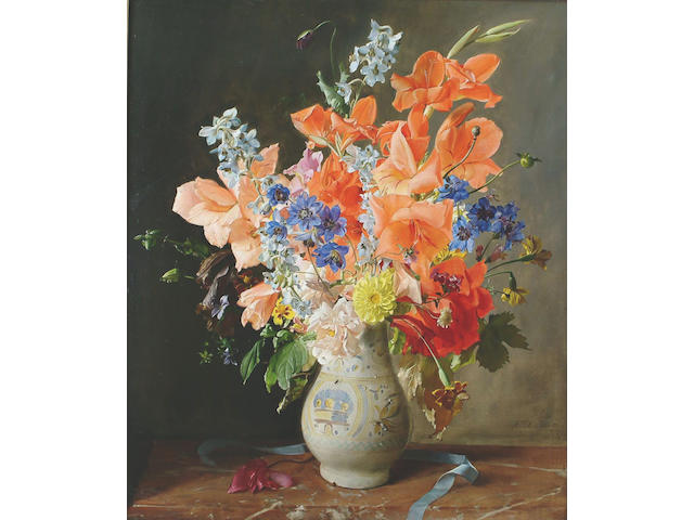 Franz Xavier Wolf (German, 1887-1972) Still life of Gladioli, Marigolds, Roses, Poppies, Delphiniums and Dahlias in a ceramic vase with a ribbon on the side 63.5 x 53.5cm