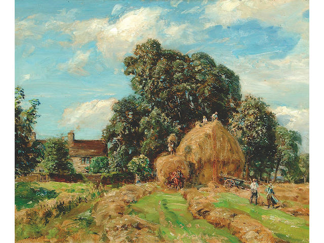 Herbert F. Royle (1870-1958) "Haymaking at Nessfield" with a cottage in the distance, said to be Herbert Royle's house at Nessfield 51 x 61cm