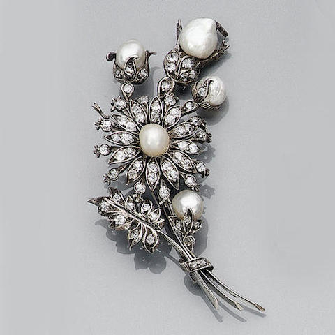 Bonhams : A Late 19th Century Diamond and Natural Pearl Floral Spray Brooch