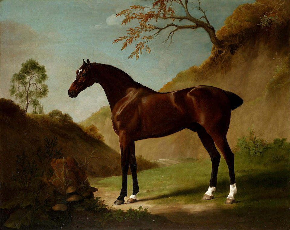 George Stubbs (Liverpool 1724-1806 London) A dark bay thoroughbred in a landscape 101.7 x 127 cm. (40 x 50 in.)