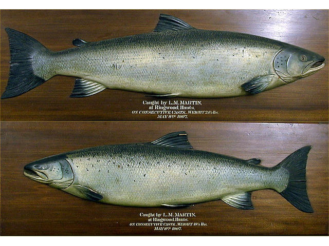 A fine pair of Farlow's carved and painted half block Salmon, (2).