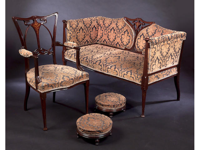 An Art Nouveau mahogany and inlaid parlour suite, (9)