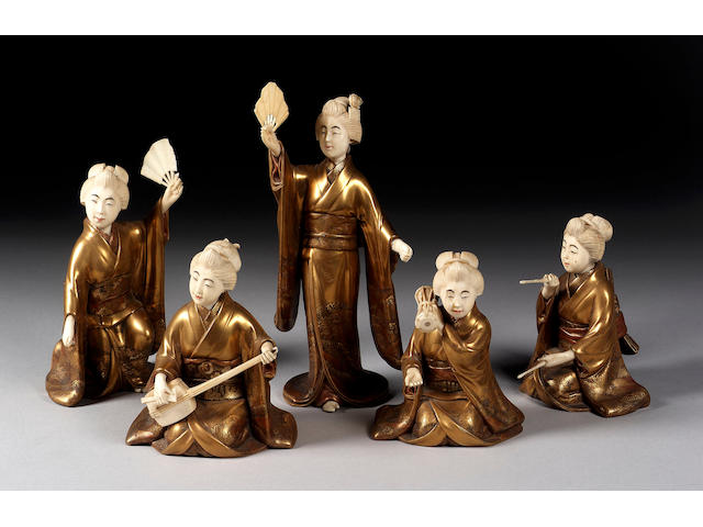 A set of five ivory and gold lacquer figures of geiko performing a buyo odori,