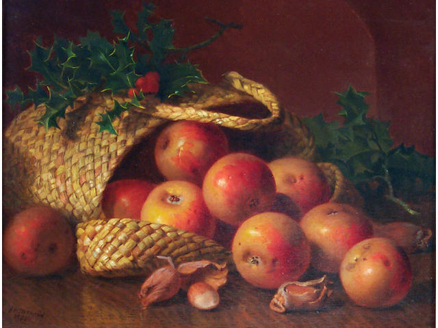Eloise Harriet Stannard (1829-1915) Russet Apples spilling out of a Basket 28 x 36.5cm (11 x 14in).