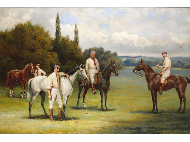 Henry Jamyn Brooks (British, 1865-1925) A portrait of the Earl of Harrington, John Reid Walker and William Hall Walker with their horses before a polo match 82.9 x 122cm
