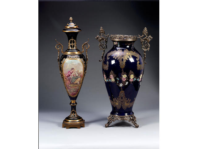 A Large Sevres Style Gilt Metal Mounted Vase and Cover, 20th Century,