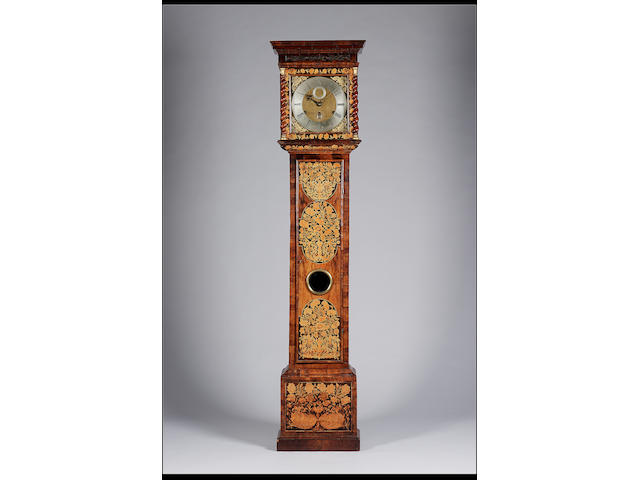 A late 17th century marquetry inlaid walnut Dutch striking and quarter chiming longcase clock Henry Jones, London 2.14m