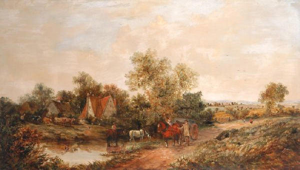 W.G. Meadows (19th Century) Horse and cart on a country lane with farmyard beyond 76 x 127cm (29 3/4 x 50in).
