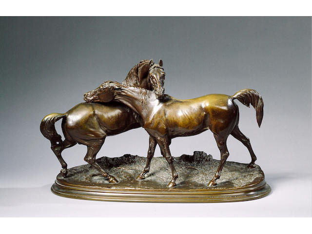 After Piere Jules Mene (French, 1810-1871): A bronze model of 'L'Accolade', 32cms high,