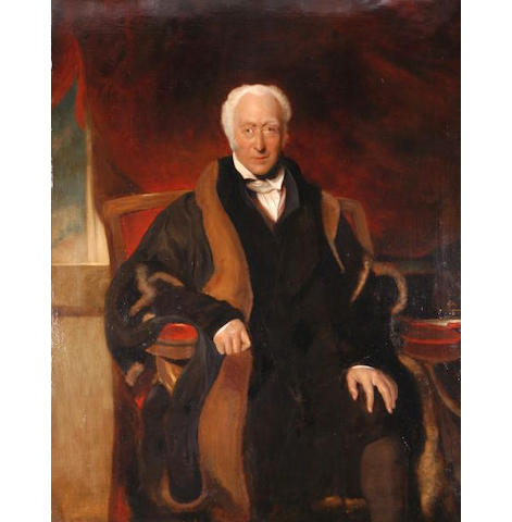 After Sir Thomas Lawrence (1769-1830) Richard Clark, seated three-quarter length, wearing a fur trimmed black robe, before a scarlet curtain 143 x 111.5cm (56 x 44in), together with a print and certificate relating to the sitter