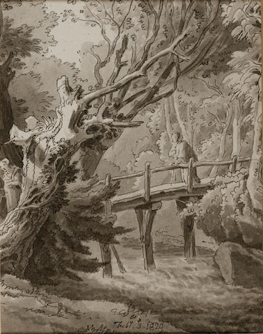 John White Abbott (British, 1763-1851) A figure crossing a bridge 16.5 x 13.2 cm. (6 1/2 x 5 1/4 in.) and three other works by the artist, two inscribed "Kerswell", Devon, within two frames, (4).