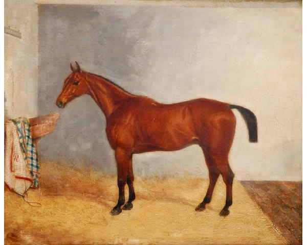 Follower of Harry Hall (1814-1882) The bay "Legacy" in a stable 55 x 66.5cm (21 1/2 x 26in).